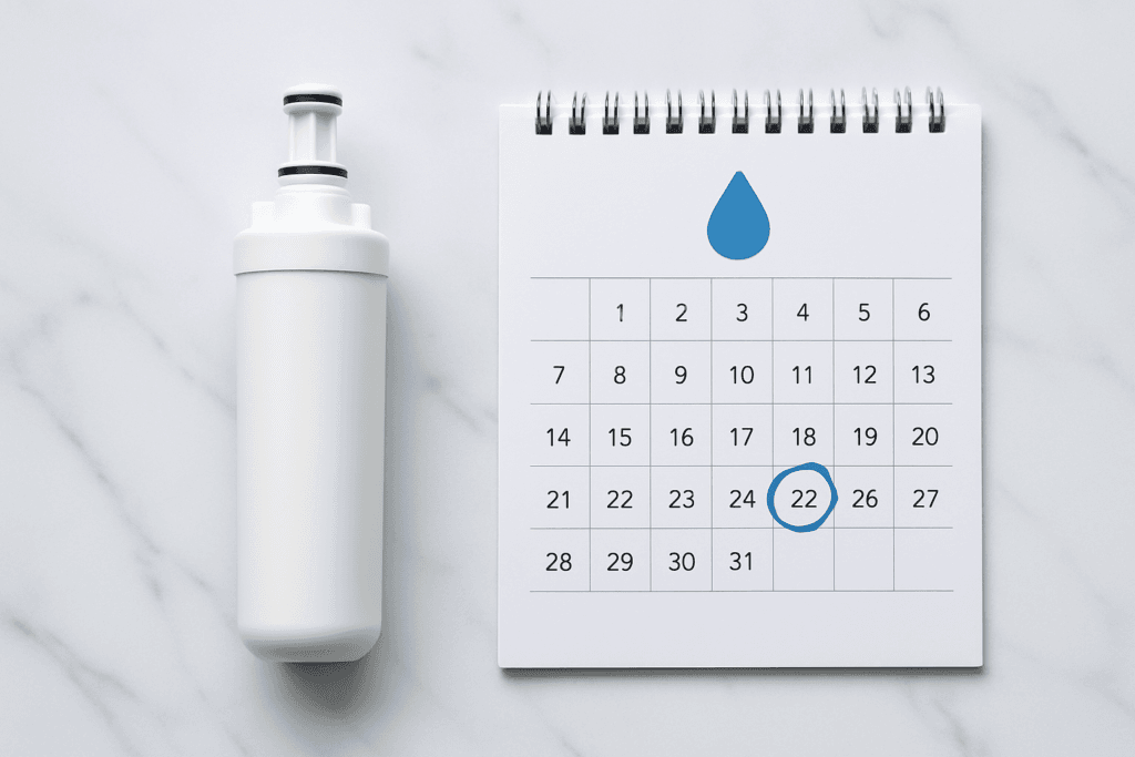 Calendar showing 6 month refrigerator water filter replacement reminder