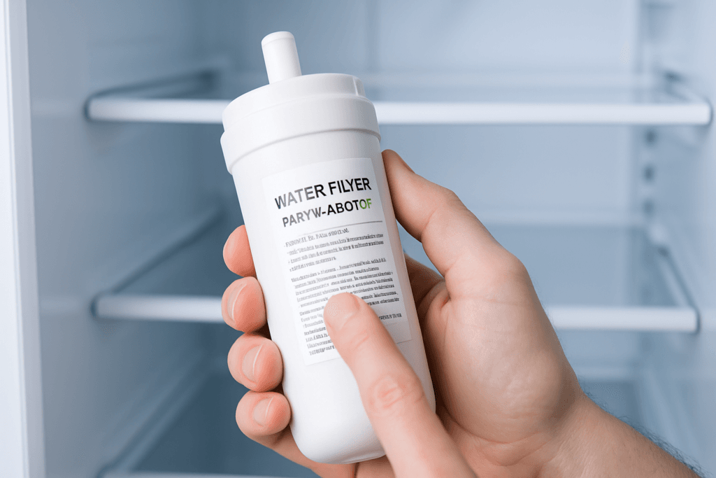 Person reading the model number label on a refrigerator water filter