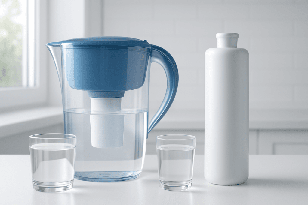 Refrigerator water filter compared to Brita pitcher on kitchen counter